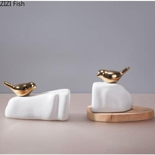 Simplicity Ceramic golden bird decorative rockery artworks Statue Ornaments Animal Porcelain bird Figurines Crafts sculpture