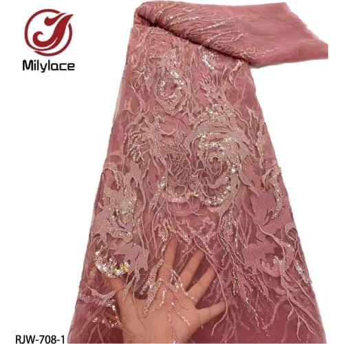 Luxury Nigerian Beaded Embroidery Tulle Lace Fabric High Quality Sequins Lace Fabrics French Net Lace for Wedding Dress RJW-708