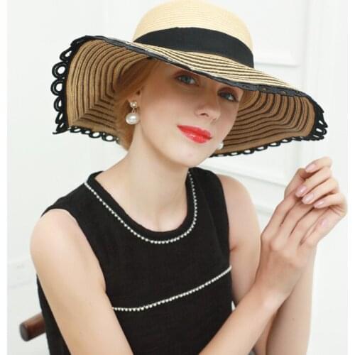Adult Straw Sun Hat Girls Summer Beach Cap Wide Brim Color Stripe Lace British Large Grass Hat Ladies Sunscreen Cap B-8869