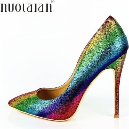 Women Shoes Colorful Rainbow Printed Woman Shoes Sexy Stilettos High Heels 12cm/10cm/8cm Pointed Toe Women Pumps Zapatos Mujer