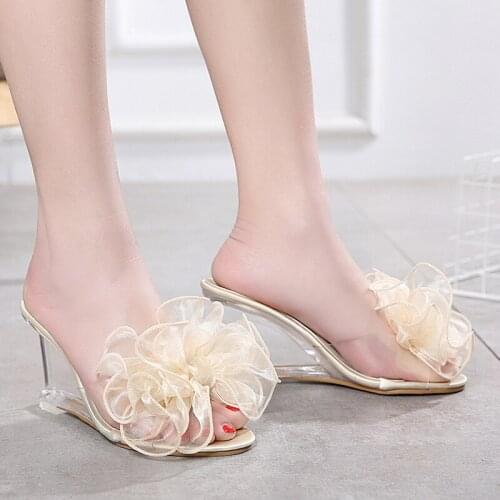 Women Sexy Crystal Transparent High Heels Shoes Big Flower Peep Toe Party Shoes 34-41 Summer Bowknot Wedges Sandals