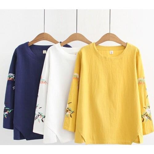 Embroidery Blouse Women Linen T Shirt Long Sleeve Ladies Plus Size Top Tunics O Neck Solid Color Casual Clothes 2021 Autumn New
