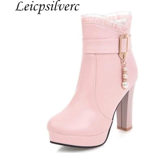 Winter fashion popular Sexy zipper Metal decoration pearl Young woman root High heels Womens shoes warm Womens boots Big size