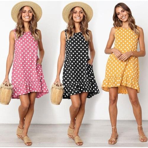 Womens Casual Round Neck Ruffle Polka Dot Sleeveless Short Sundress Mini Dress