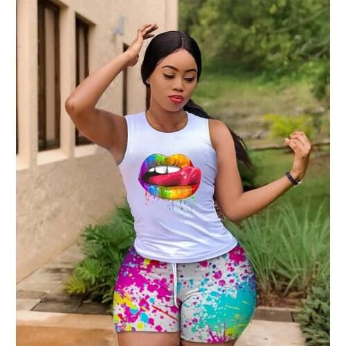 ZKYZWX New Popular Print Two Piece Tracksuits Women Set Sleeveless Vest Tops Summer Sexy Biker Shorts Lounge Wear Matching Sets