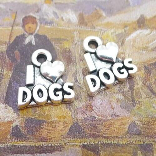 200pcs I Love Dogs Charms 13mm x 13mm DIY Jewelry Making Pendant antique silver color