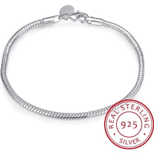 Real Original 925 Solid Silver Charm Bracelets for Women Smooth Snake Bone Bracelets Wedding Gift Jewelry CB001