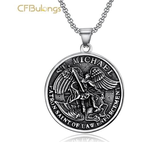 CFBulongs Cool 316L Stainless Steel Saint Michael Men’s Necklace Pendant Lucky Amulet Religious Creative Cycling Men Jewelry