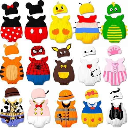 Baby Girl Boy Rompers + Hat Clothes Minnie Cartoon Mouse Jumpsuit Infant Mickey Costumes Newborn Dresses Overall Bebe Sets 2pcs