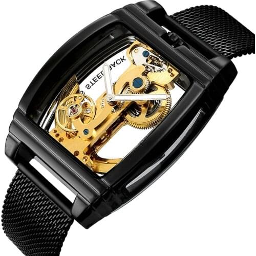 FORSINING Cool Black Mechanical Watch Men Automatic Luxury Transparent Case Skeleton Mesh Strap Business Wrist Watches relógio