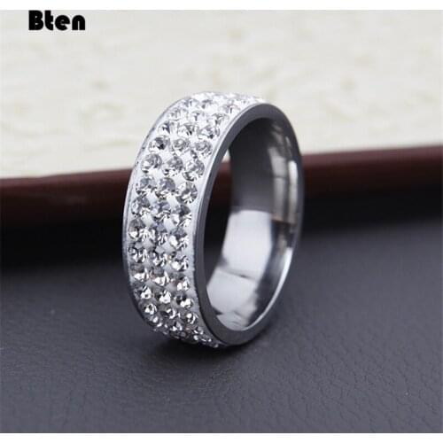 Bten Stainless Steel Crystal Rings For Women Full Size white Crystal Engagement Wedding Ring Female Jewelry
