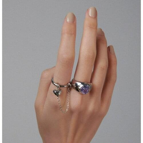 New Ins Personality Purple Love Heart Ring Temperament Open Index Finger Adjustable Chain Rings For Women Girls Fashion Jewelry