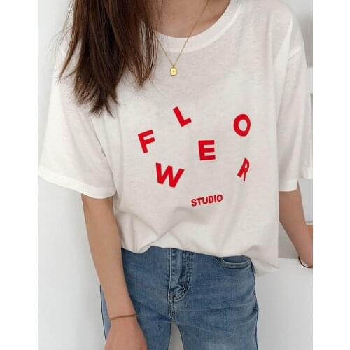 Summer T-Shirt Women Cute Flower Studio Letter Print Female Short Sleeve Tshirts Casual Fashion Tops Tees