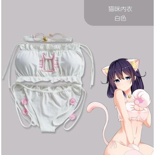 Cute Girly Game Costume Embroidery Open Chest Bra Anime Cat Underwear Necklace Cat Tail Ears Cosplay Sexy Underwear Set