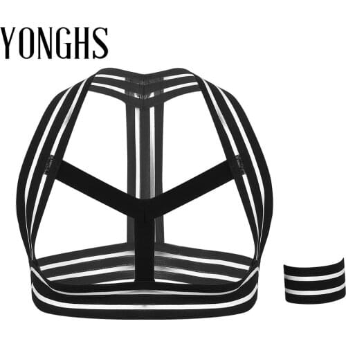 Mens Lingerie Elastic Striped Body Chest Harness Belt Shoulder Support Brace Muscle Straps with Armband Costumes Night Club wear