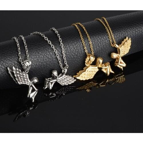 Tiny Angel Baby Necklace Charm Gold Color Cuban Chain 316L Stainless Steel Fashion Jewelry Birthday Gifts Women/Men Pendants