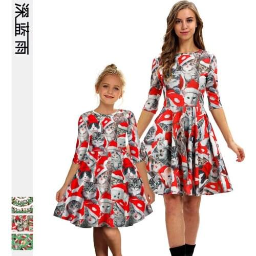 Family Christmas Mother Daughter Dresses Novelty Cat Print Mommy and Me Women Kids Girls Matching Dress Xmas Cosplay Clothing