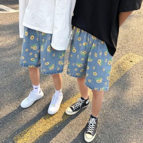 Summer Cotton Denim Shorts Mens Fashion Casual Flowers Denim Shorts Men Streetwear Korean Loose Drawstring Denim Shorts Mens