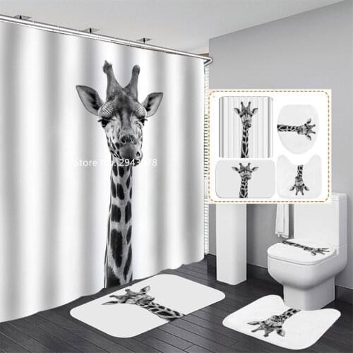 Zebra Elephant Pattern Shower Curtain Floor Mat Toilet Mat Waterproof and Mildewproof Washable with Hook Home Bathroom Decor