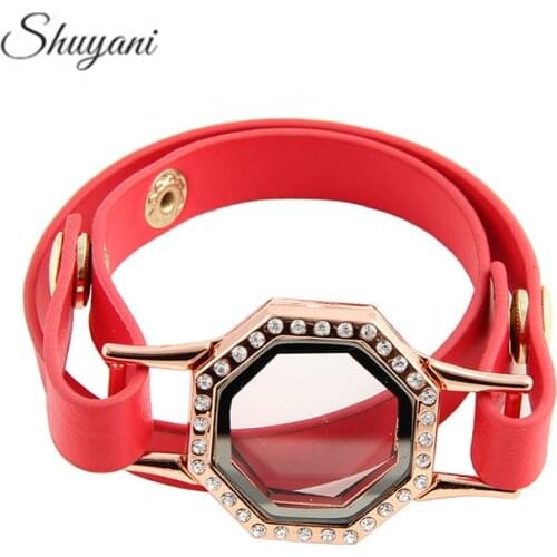 SHUYANI 5PCS /lot Geometry Crystal Floating Magnetic Locket Bracelet Button Leather Multilayer Bangles