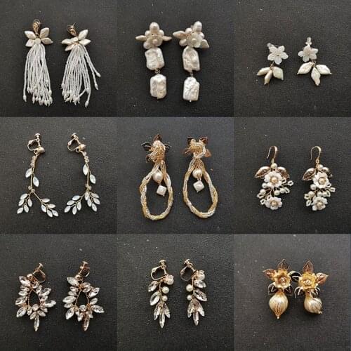 SLBRIDAL Handmade Rhinestones Crystals Shell Pearls Flower Bridal Dangle Earring Wedding Drop Earring Women Girl Fashion Jewelry