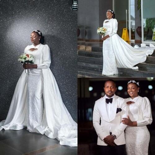 Overskirt Mermaid Wedding Dresses 3/4 Long Sleeves Lace Applique Beade Satin with Detachable Train South African Wedding Gown