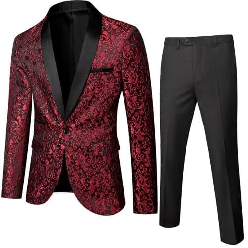 High Quality Black With Burgundy Paisley Groom Tuxedos Shawl Collar Men Work Business Suits 2 pieces Wedding Prom Dinner Blazer