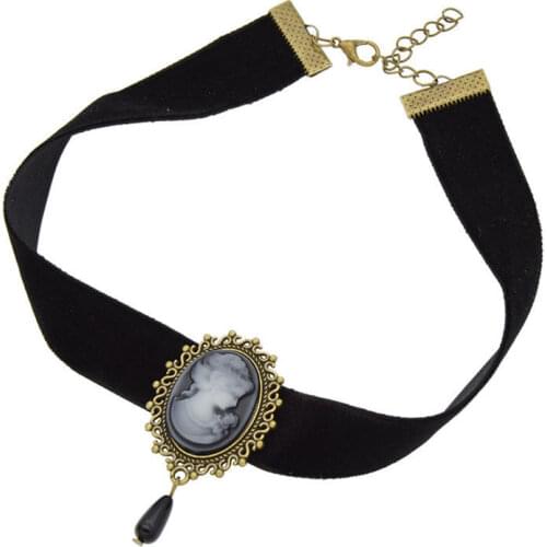 Womens Necklace Gothic Victorian Lady Head Cameo Pendant Choker Ribbon Necklace Lace Choker Vintage Necklaces