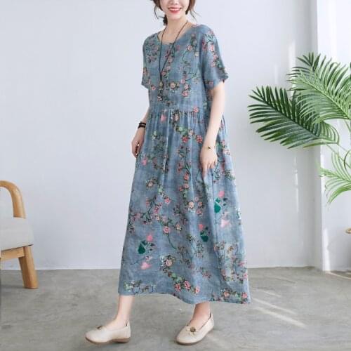 Print Women New 2021 Summer Floral Holiday Lady O-Neck Large Size Loose Casual Short Sleeve Dress