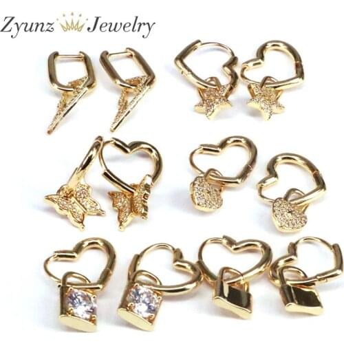 10 Pairs, Elegant Jewelry Brincos Gold Color Engagement CZ Crystal Padlock Star Heart Buttertfly Drop-Earrings Dangle Earrings
