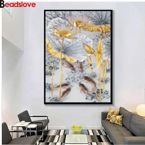 100% Square round resin 5d Diamond Painting Abstract Gold Lotus Fishes Chinese DIY Diamond Embroidery Mosaic diamond art 3d