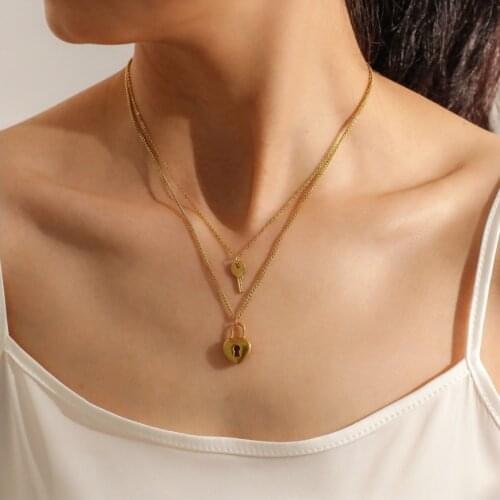 316L Stainless Steel New Upscale Jewelry 2-layer Lovers Lock Key Heart Shape Charms Retro Choker Necklaces & Pendants For Women