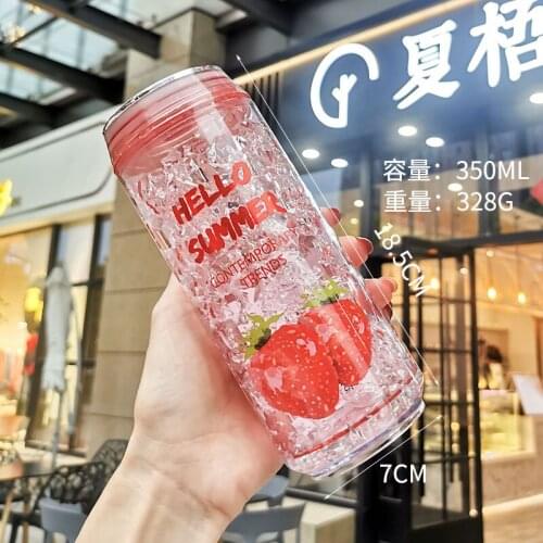 350ml Crushed Ice Type Straw Cup Plastic Fresh Summer Sippy Cup Double-layer Cold Drink Bottle With Bow Lid Refillable Bottles