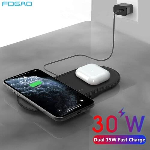 FDGAO 30W 2 in 1 Qi Wireless Charger For Samsung S20 S10 iPhone 12 11 XR XS X 8 Airpods Pro Dual Seat Fast Charging Pad Station