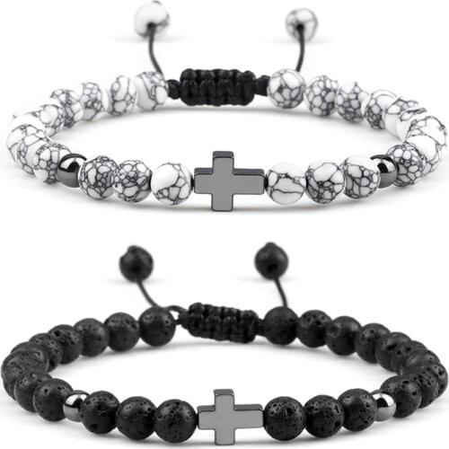 Turquoise Beaded Bracelet for Men 6mm Natural Lava Stone Bracelets Fashion Alloy Cross Bangles Adjustable Braided Rope Jewelry