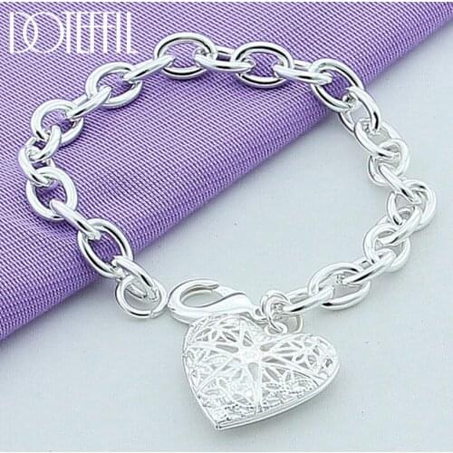 DOTEFFIL 925 Sterling Silver Heart Shape Photo Frame Pendant Bracelet For Woman Charm Wedding Engagement Party Fashion Jewelry