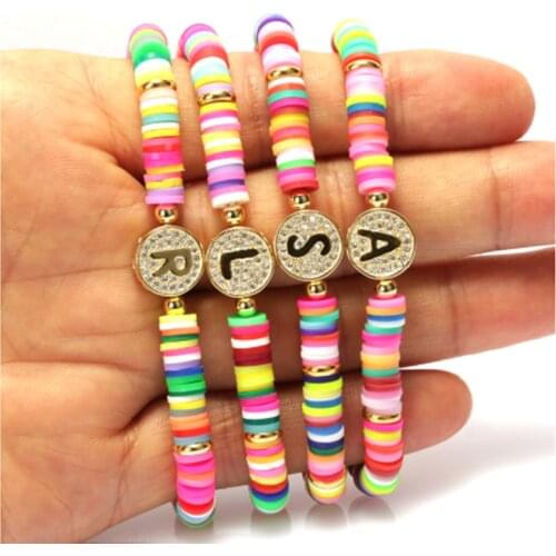 New Boho CZ Paved Initial 26 Alphabet Letter Name Rainbow Candy Color Polymer Clay Elastic Charm Bracelet For Women Girl Jewelry