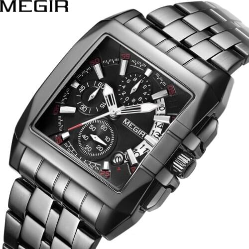 MEGIR Original Black Stainless Steel Band Mens Watches Business Luminous Waterproof Wrist Watch Man Clock Hour reloj hombre