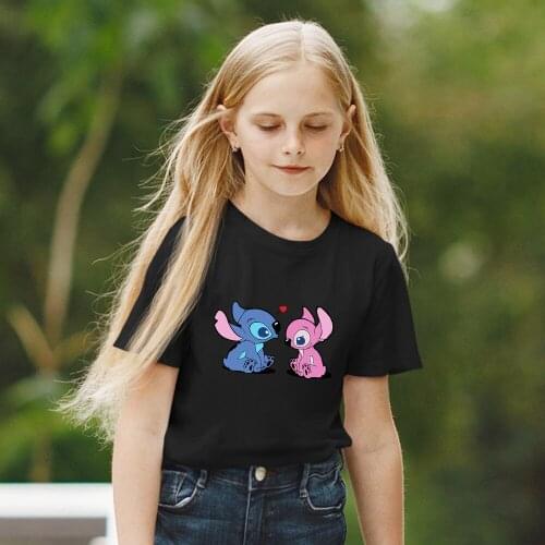Black White Disney Kids T-shirts Harajuku Lilo & Stitch Cartoon Pattern Fashion Dropship Outdoor Short Sleeve Summer New Product