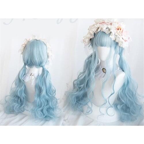 Lolita 68CM Long Curly Iced Blue Light Blue Fringe Bangs Cute Fancy Party Synthetic Cosplay Wig D113