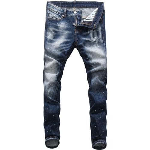 Italian Vintage Fashion Men Jeans Retro Blue Slim Fit Ripped Jeans Men Streetwear Brand Paint Designer Hip Hop Denim Punk Pants