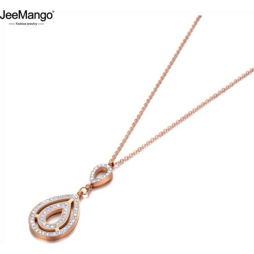 JeeMango Stainless Steel Water Drop CZ Crystal Charm Pendant Necklaces Trendy Rose Gold Choker Necklace For Women JN20120