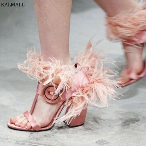 KALMALL Pink Red Feather Block Heels Women Pumps Rome Style Cut-Outs High Heels Sandals Buckle Strap Women Shoes Sandalias Mujer