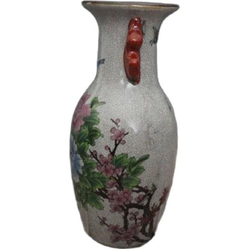 Chinese old porcelain Crack GlazedPeony and Bird Painting Bilateral ears Vase