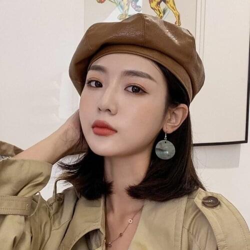 Classical Solid Color Women Beanies Winter Octagonal Cap Hat Adjustable PU Leather French Beret Hat Warm Cap Artist Painter Cap