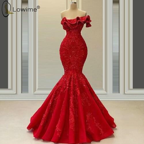 Red Mermaid Evening Dresses 2020 Shiny Sequins Applique Floor Length Evening Gowns Female Formal Dress lange jurk