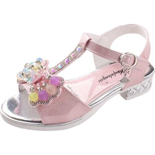 Fashion Princess Girls Shoes 2021 New Summer Fish Mouth Sequined Bow Thick Heel Sandals for Party Sweet Cute Bow-knot Chic Hot