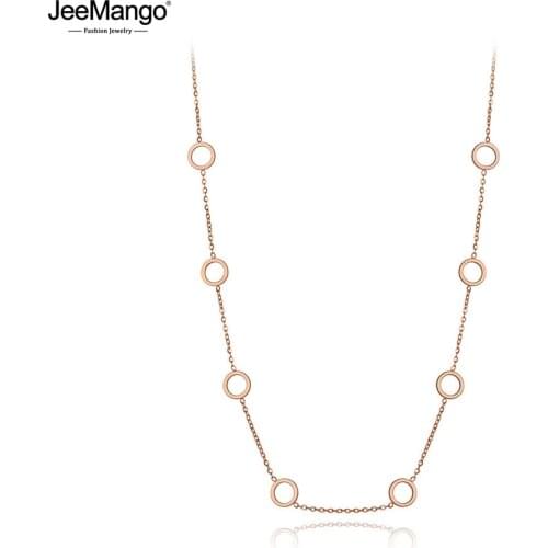 JeeMango Trendy Titanium Stainless Steel CZ Crystal Round Circle Choker Necklaces For Women Chic Charm Pendant Necklace JN19201