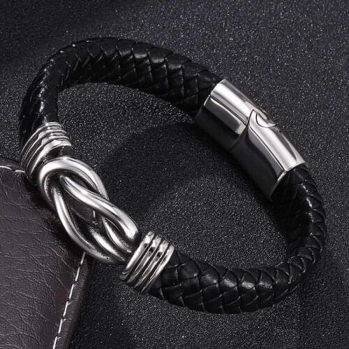 Personality Black Leather Braided Bracelet Men Stainless Steel Magnetic Buckle Charm Bracelets Fashion Jewelry Male Wrist Band