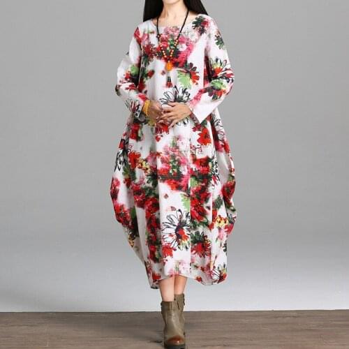 OLGITUM 2020 New Fashion Autumn Dresses Women Cotton Linen Vintage Print Casual Loose Full Dress Party Vestidos B381